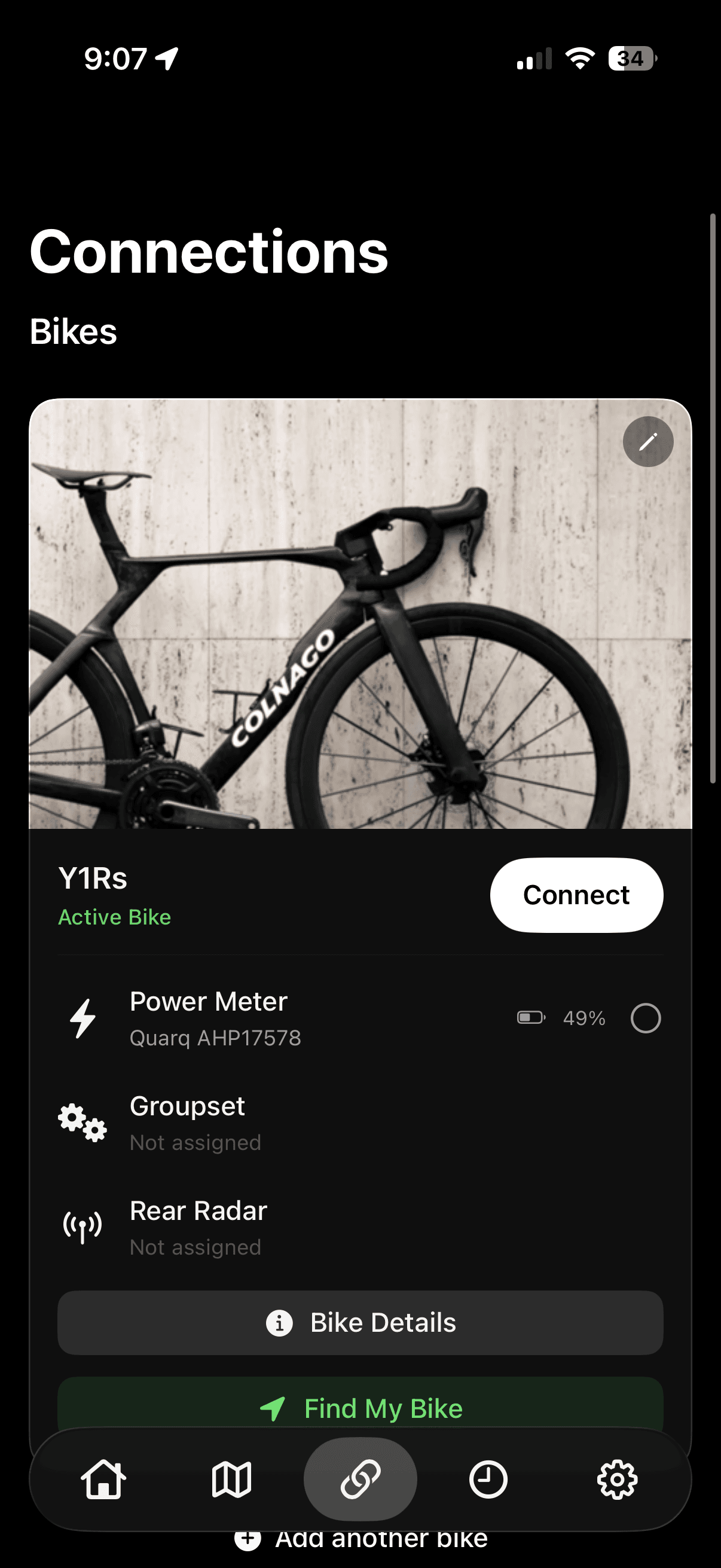 A bike in the garage with power meter, groupset and radar assignments