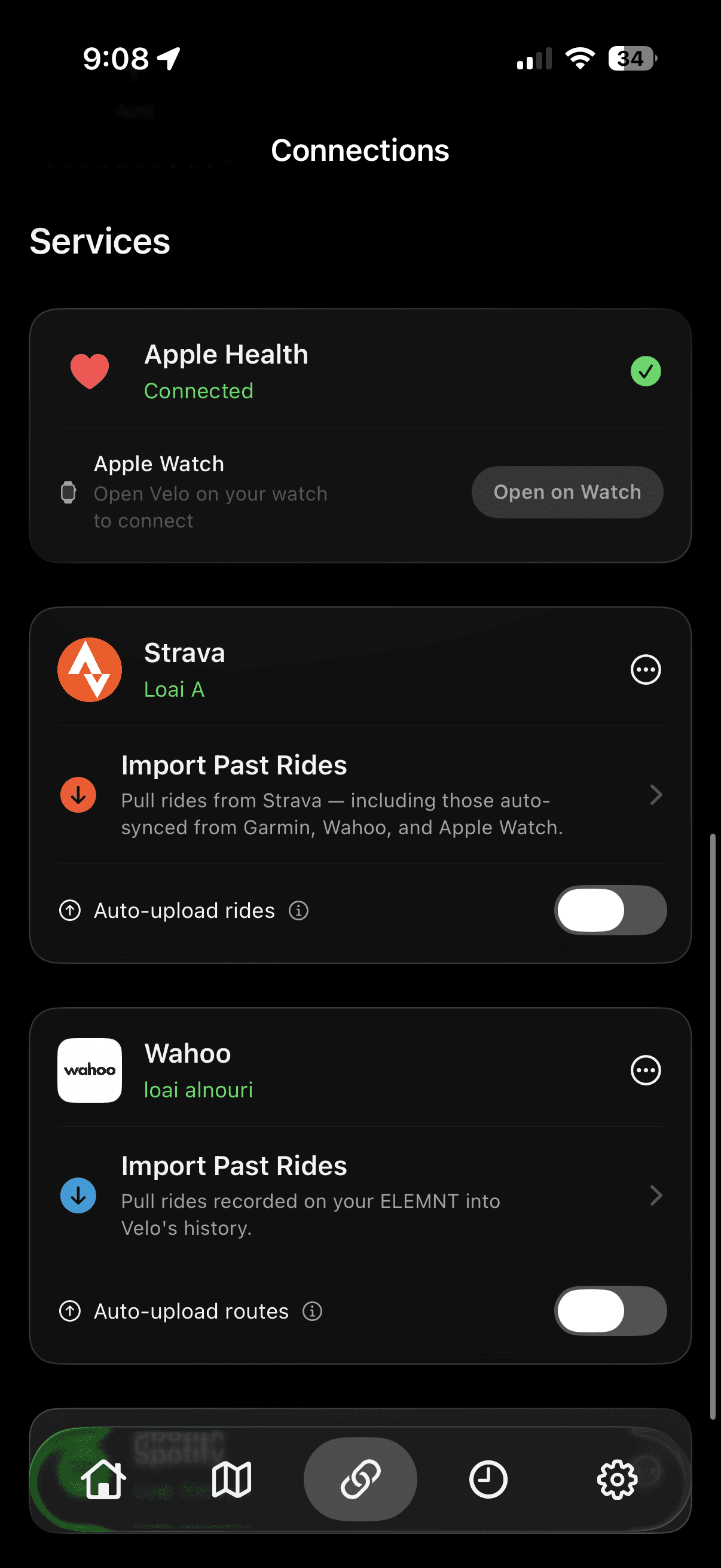 Apple Health, Strava and Wahoo connections