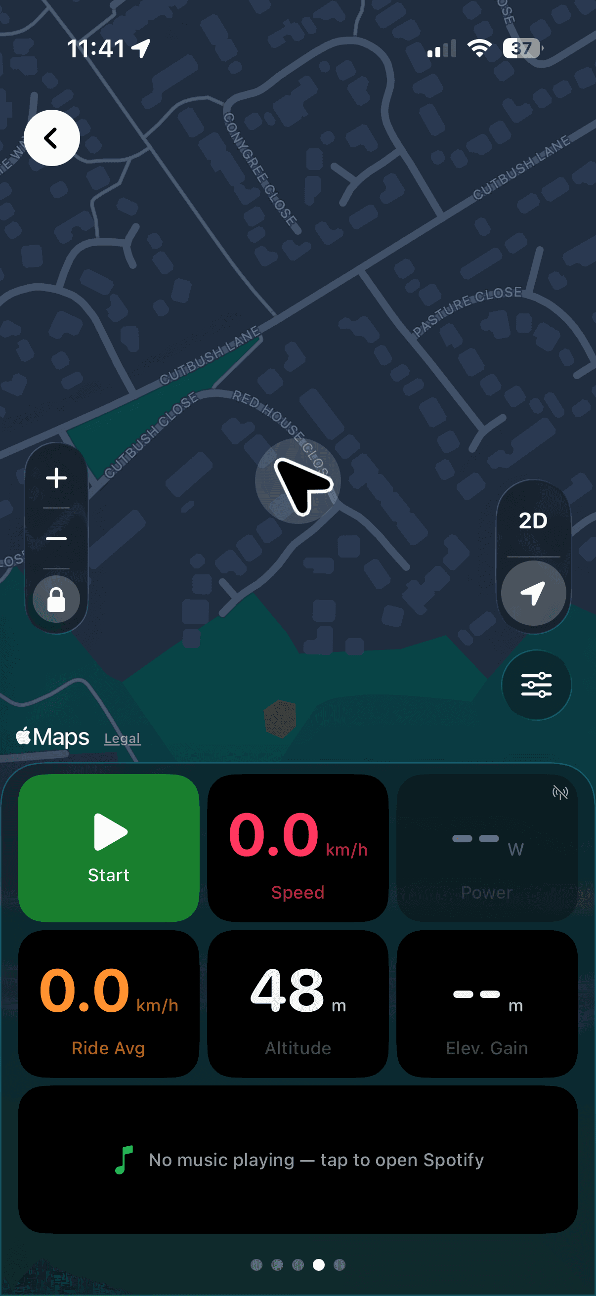 Live ride dashboard, three tile rows
