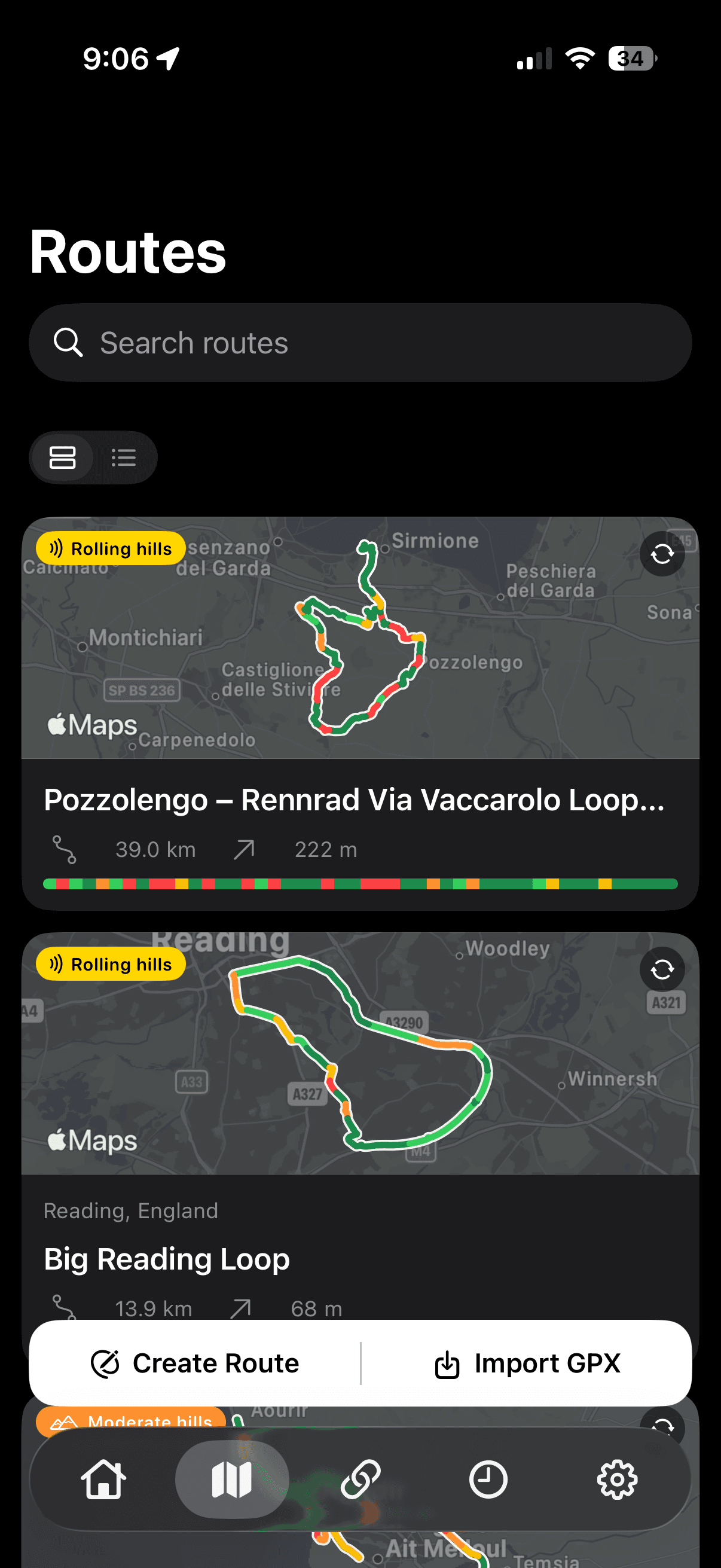 Routes library with elevation-graded maps