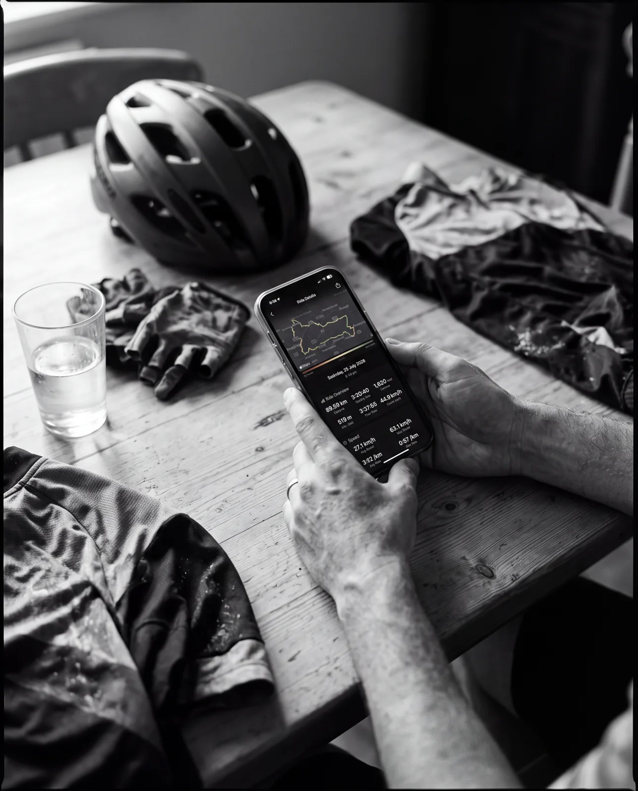 A rider at the kitchen table after a long ride, helmet and gloves down, reading the ride summary on their phone